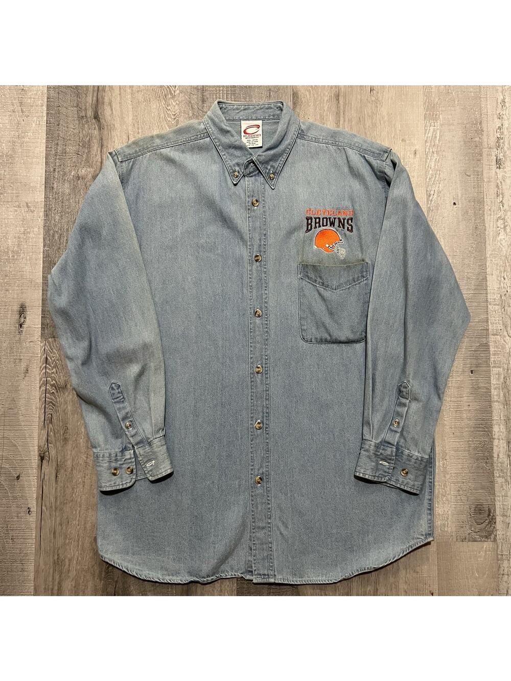 VTG Cadre Athletic Cleveland Brown Denim Button NFL Football Shirt Men's Sz L